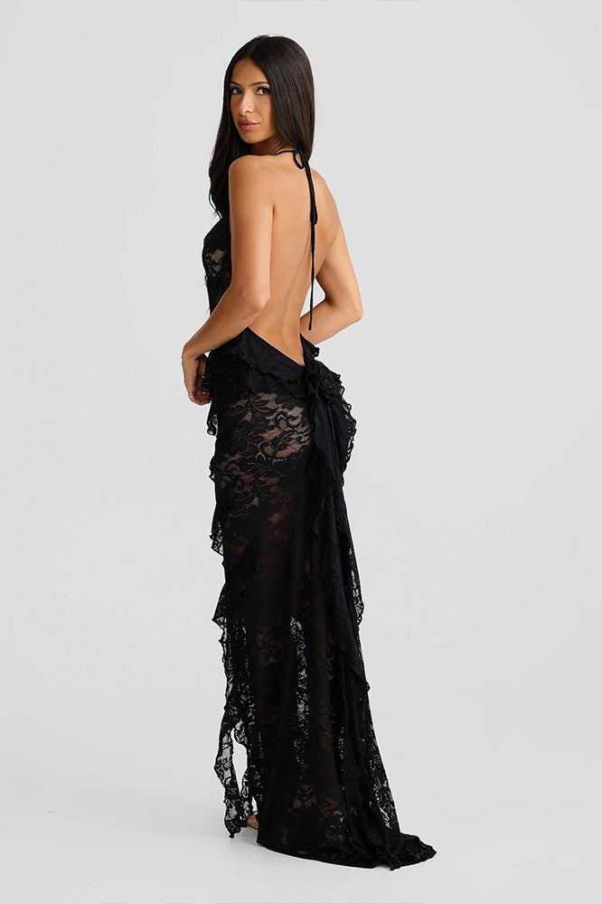 Backless Lace Halter Bodycon Maxi Dress - View 5