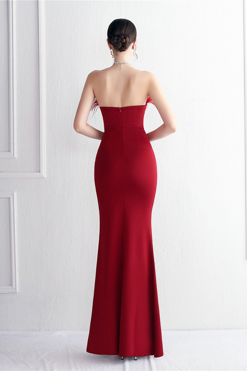 Feather Trim Strapless High Split Mermaid Gown 32