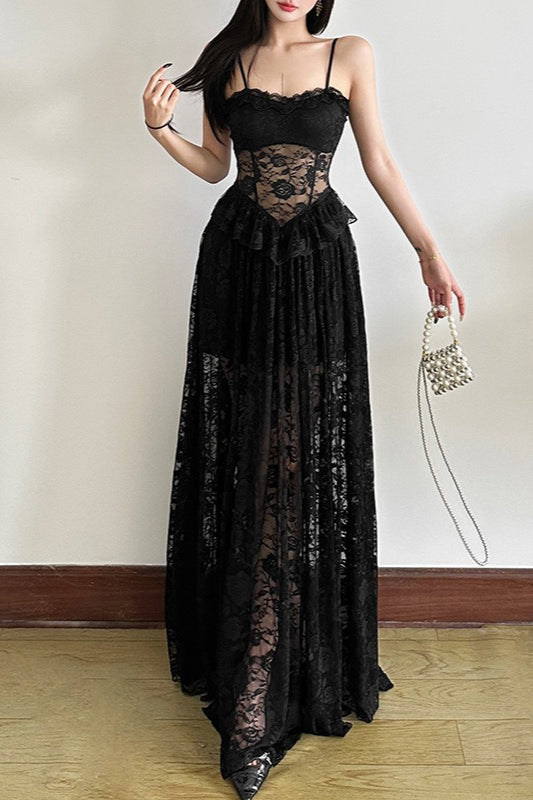 Sleeveless Ruffled Waist Maxi Lace Dress - View 6