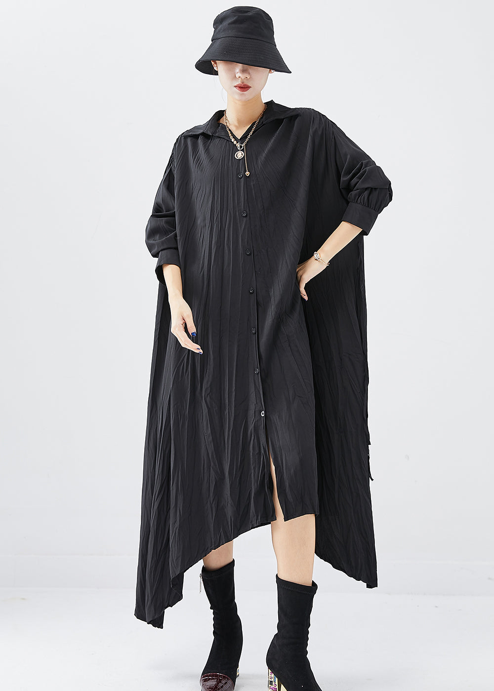 Crinkle Texture Collar Button Down Long Sleeve Shirt Dress