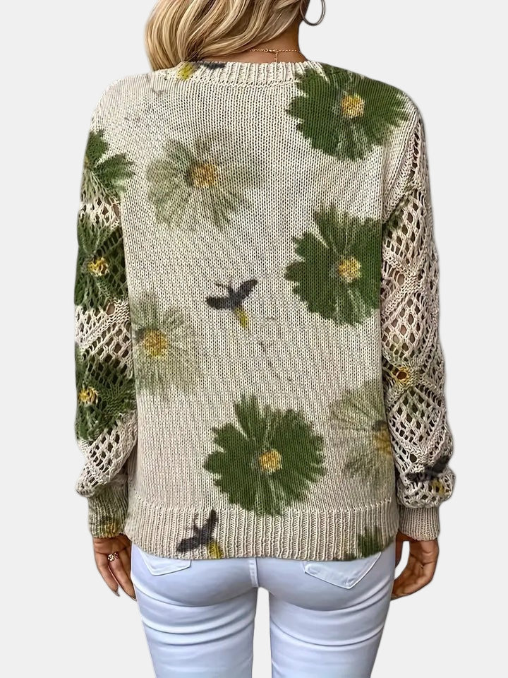 Floral V-Neck Long Sleeve Crochet Sleeve Knit Sweater 12