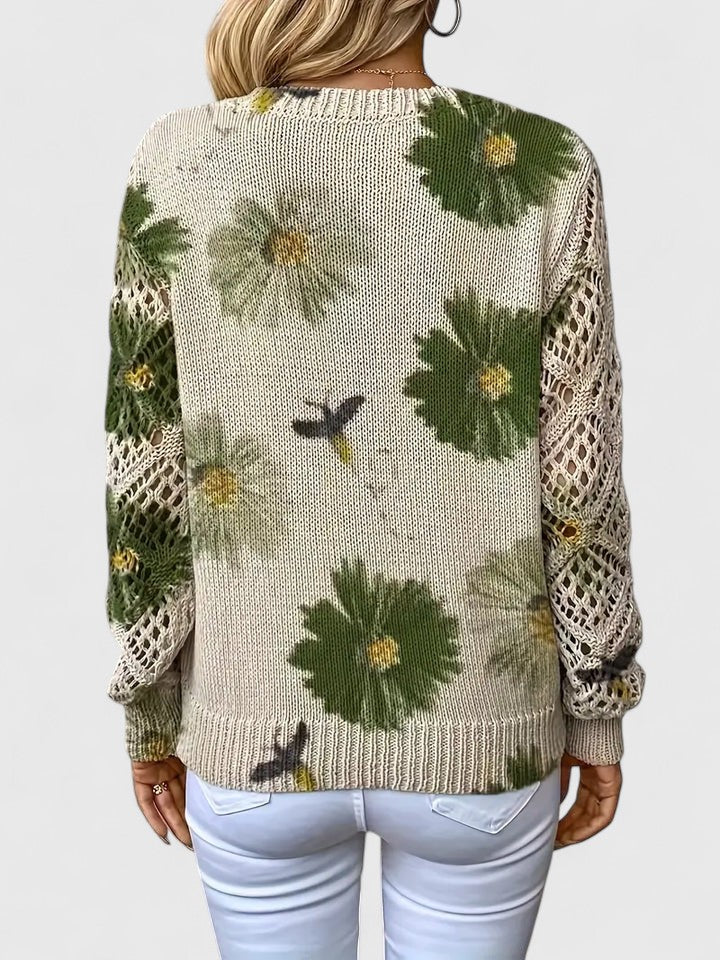 V-Neck Crochet Lace Sleeve Floral Print Long Sleeve Knit Sweater 9