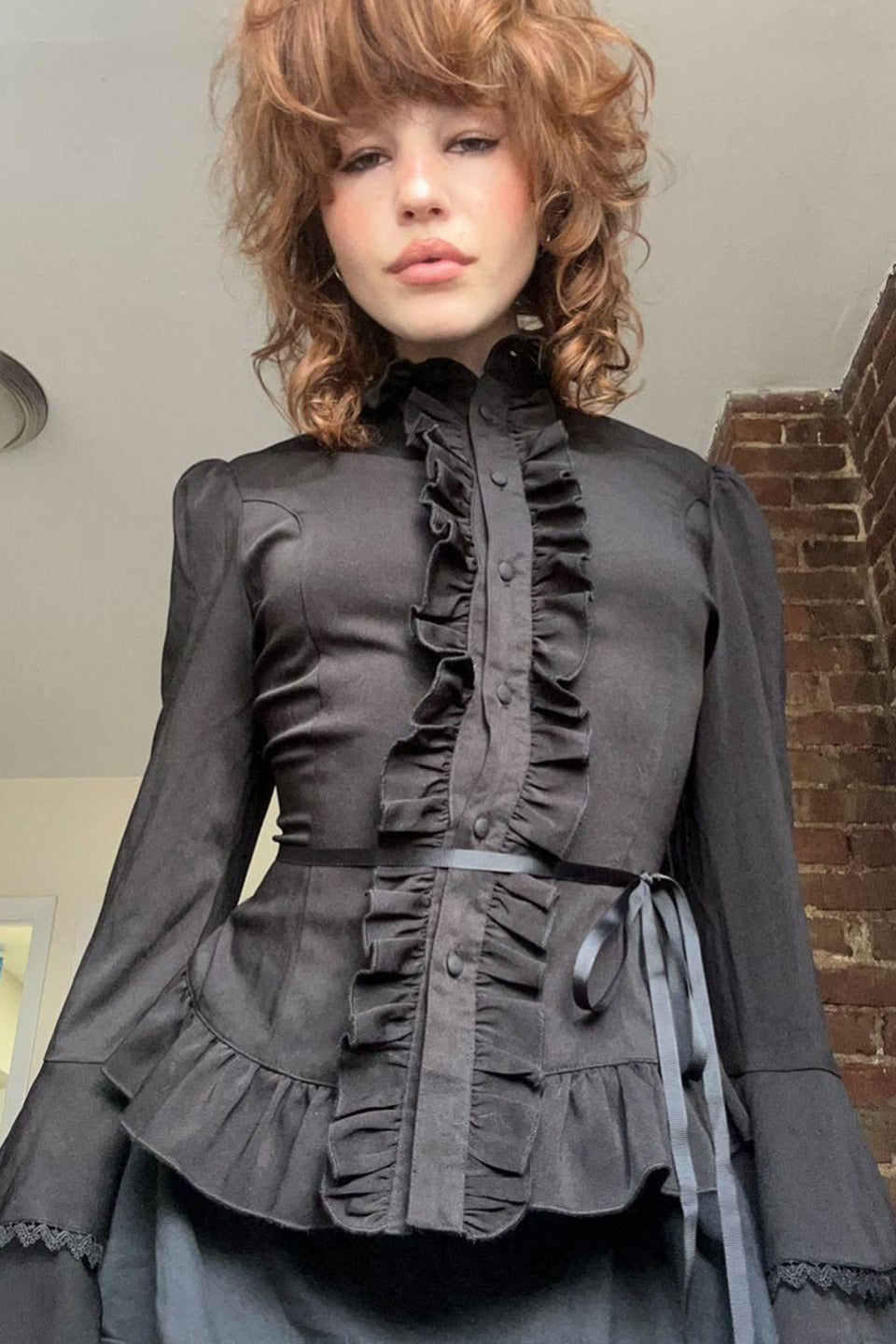 Dark Waist Tie Ruffle Panel Blouse