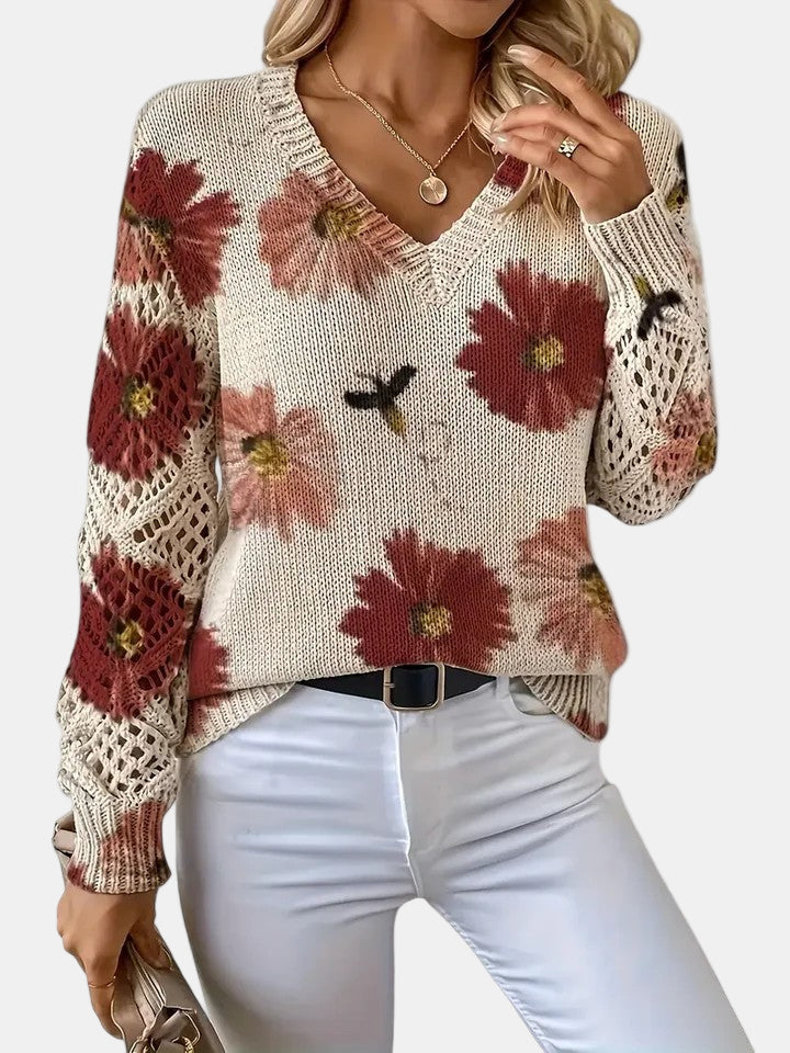 Floral Print V-Neck Crochet Sleeve Knit Sweater 14
