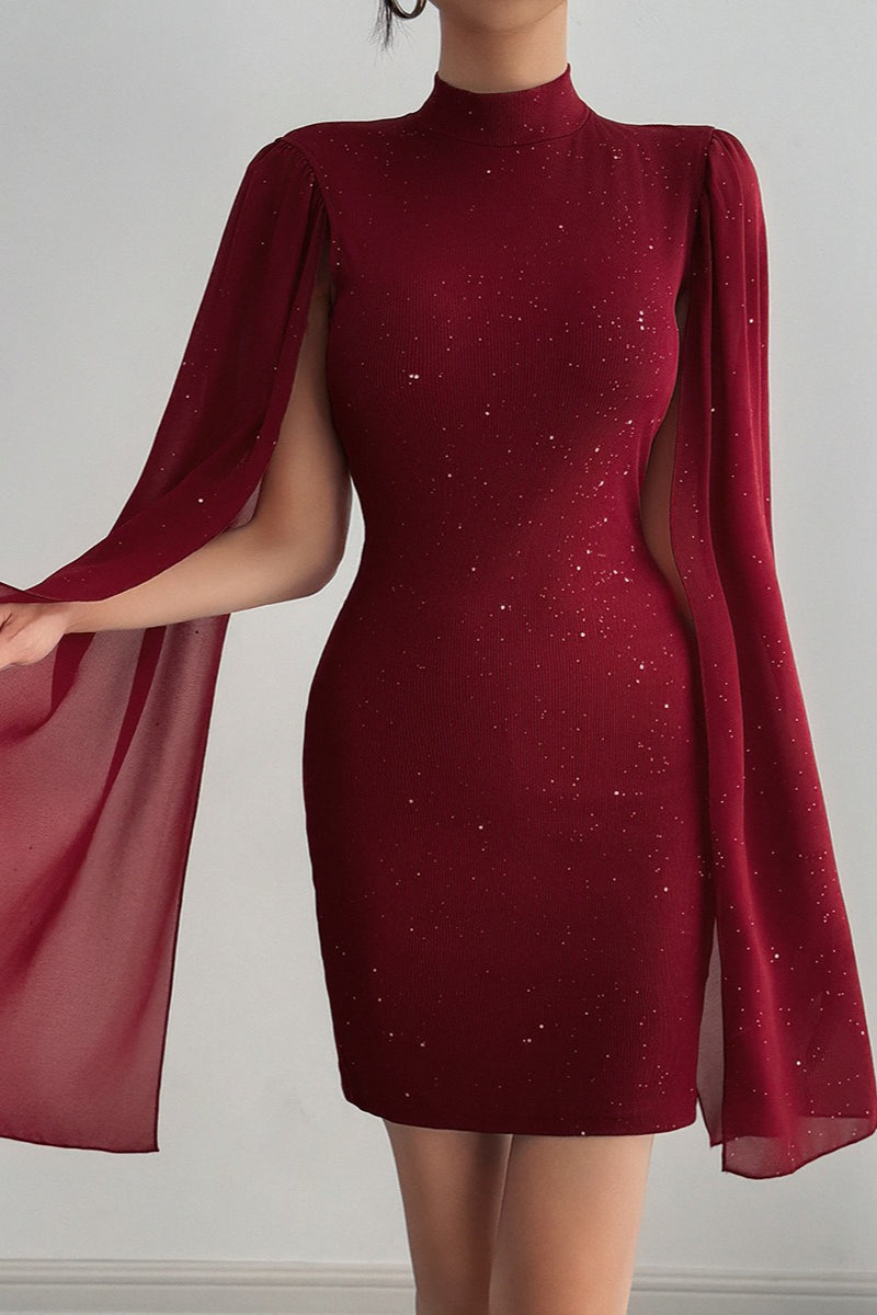 Rhinestone Mock Neck Cape Sleeve Bodycon Mini Cocktail Dress - View 3