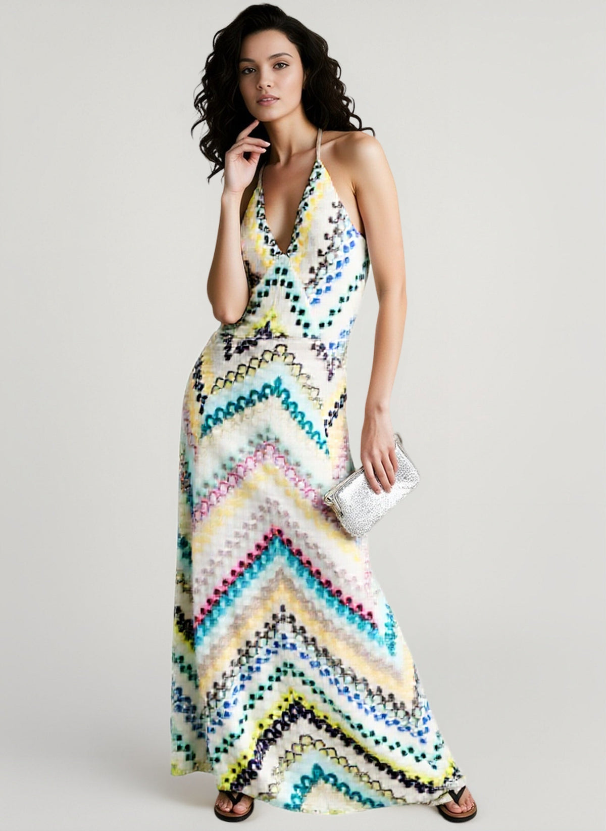Chevron Knit Plunge Neck Backless Slip Maxi Dress 3