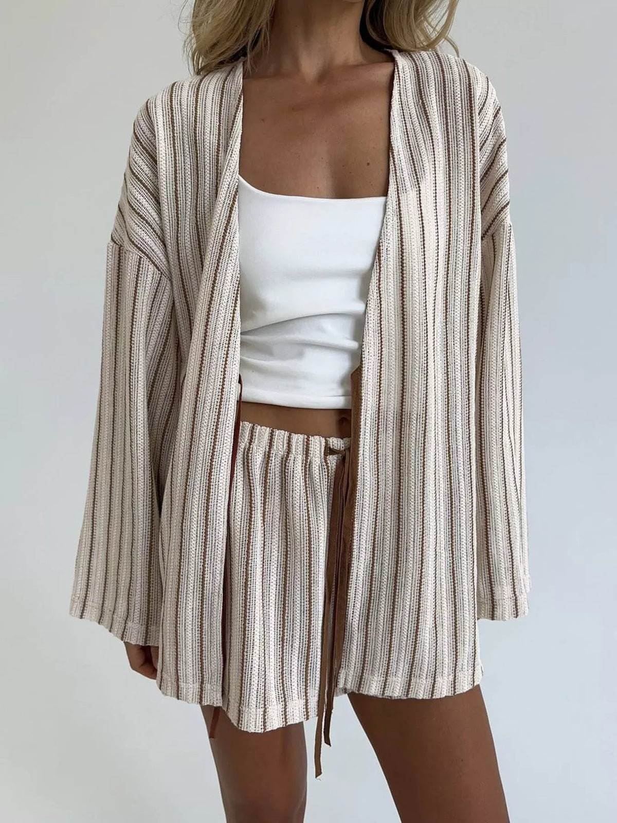 Striped Tie Front Top and Shorts Lounge Set