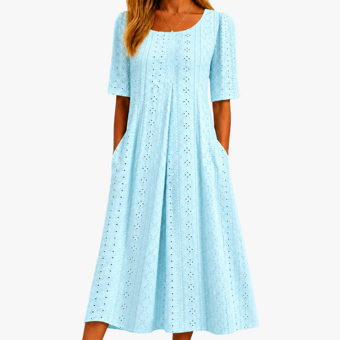 Eyelet Scoop Neck Short Sleeve Pleated A-Line Midi Dress