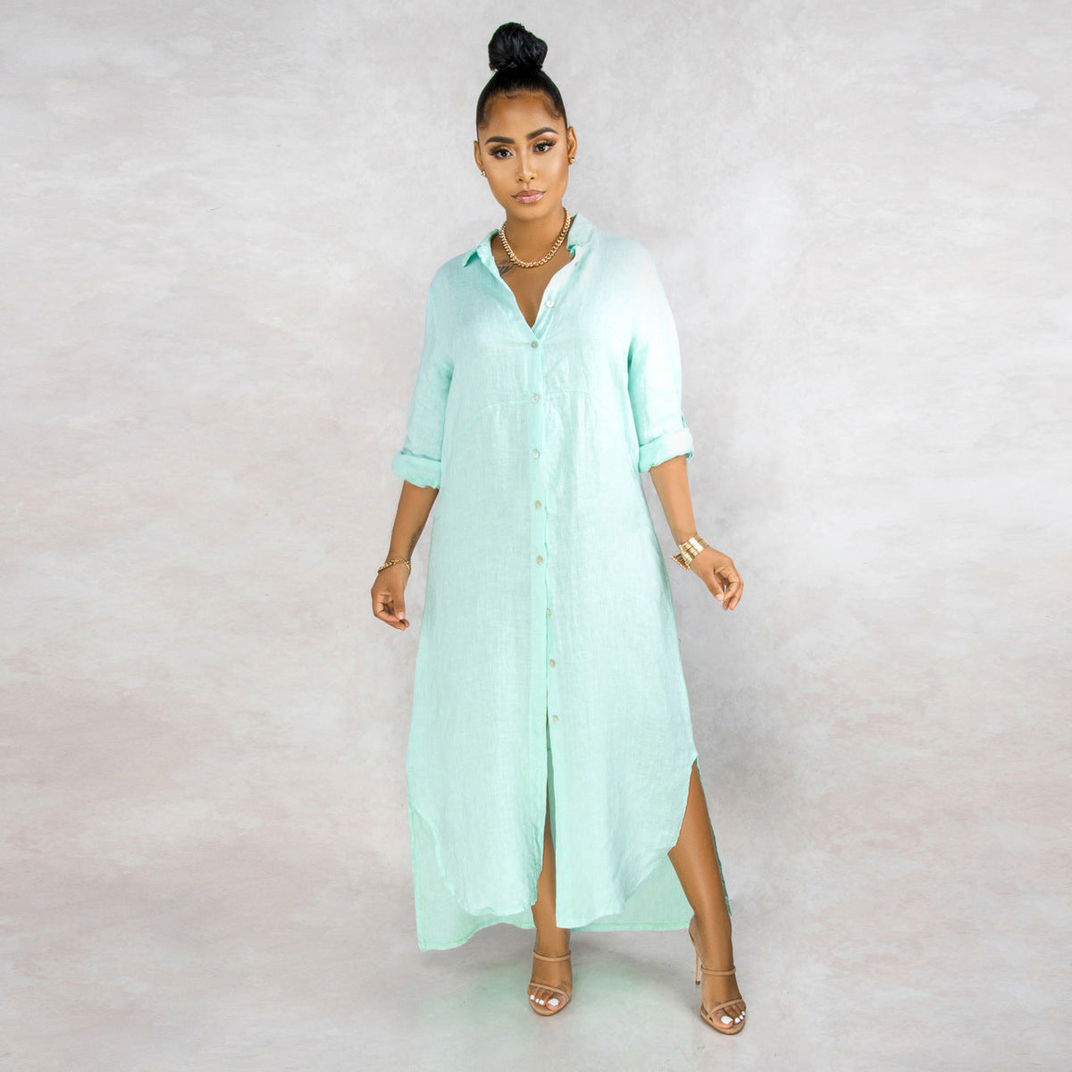 Button Down Collared Roll Tab Sleeve Box Pleat Maxi Shirt Dress - View 14