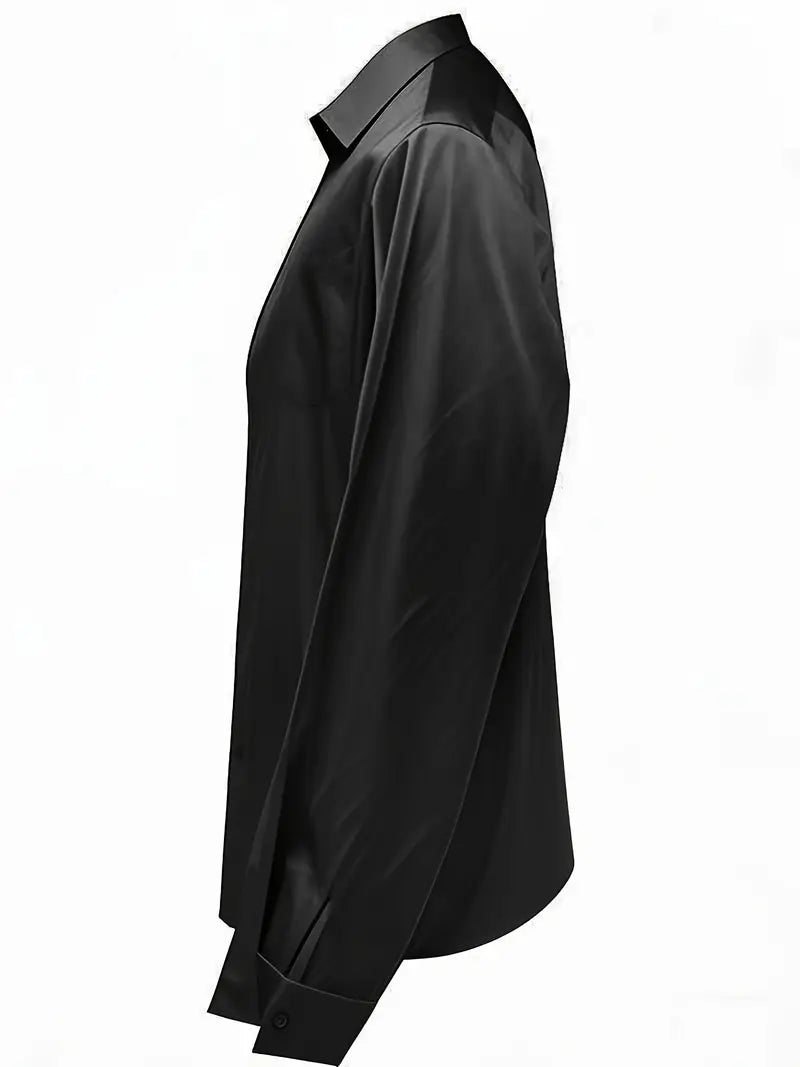 Collared Deep V-Neck Long Sleeve Satin Blouse 42