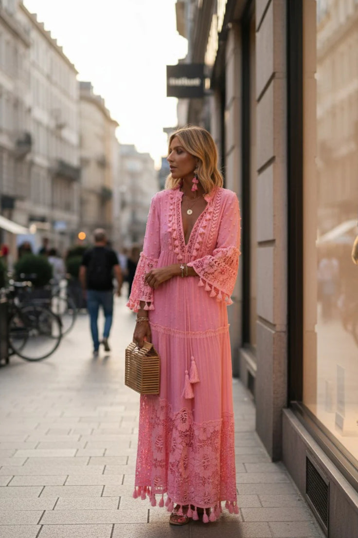 Deep V-Neck Tassel Trim Lace Insert Bell Sleeve Tiered Dress - View 3