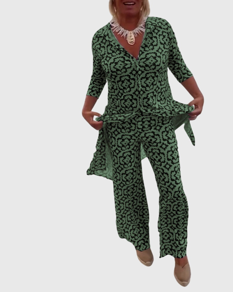 Medallion Print Collared Half Sleeve Tunic and Wide Leg Pants Two Piece Set 8