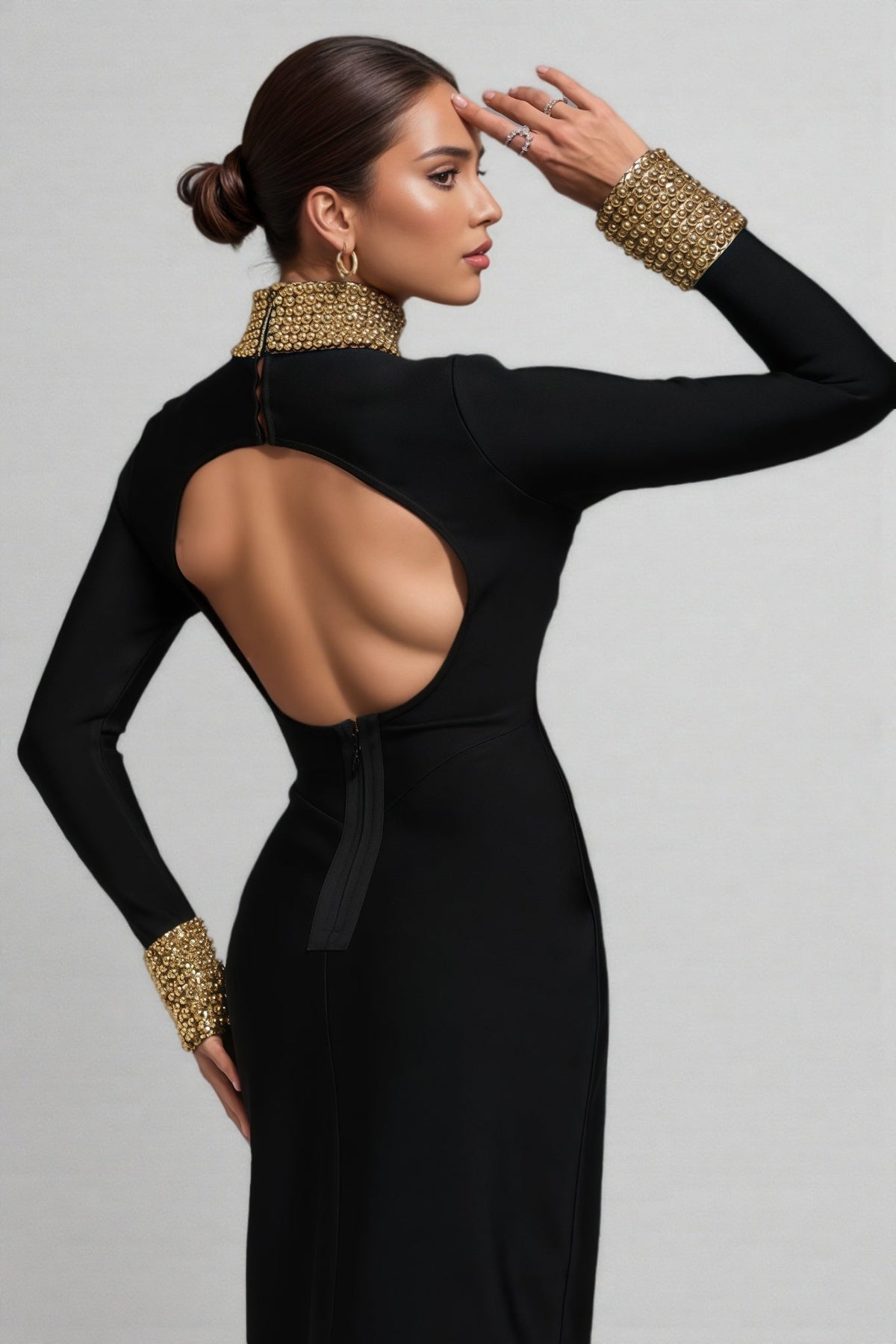 Beaded Mock Neck Long Sleeve Bodycon Bandage Maxi Gown - View 6