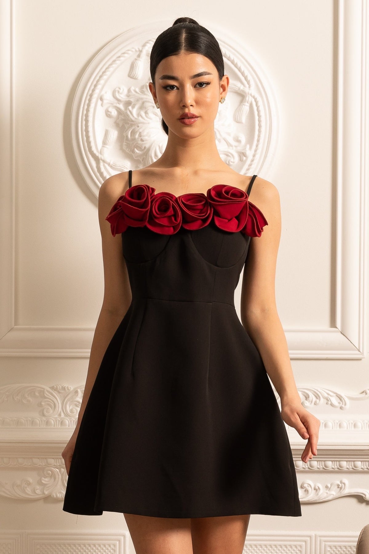 Spaghetti Strap 3D Rose Applique Corset Fit and Flare Mini Dress - View 3