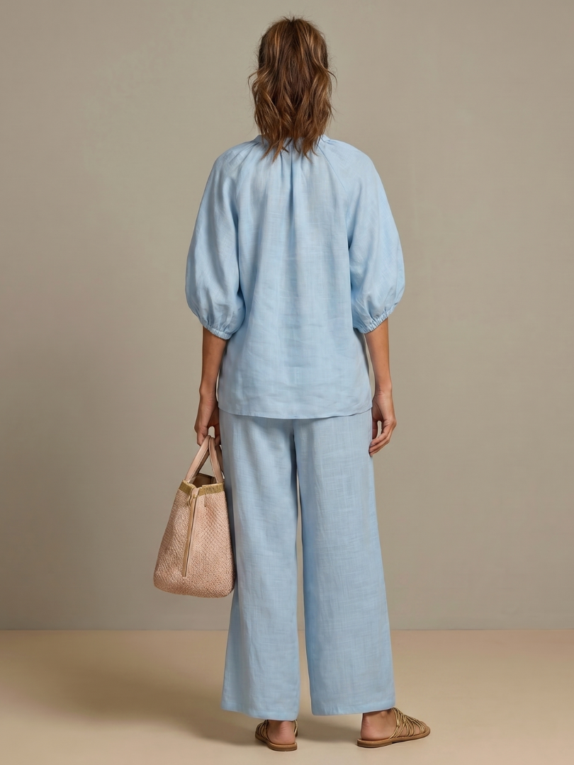 Puff Sleeve Zip Front Top and Wide Leg Pants Two Piece Set 4