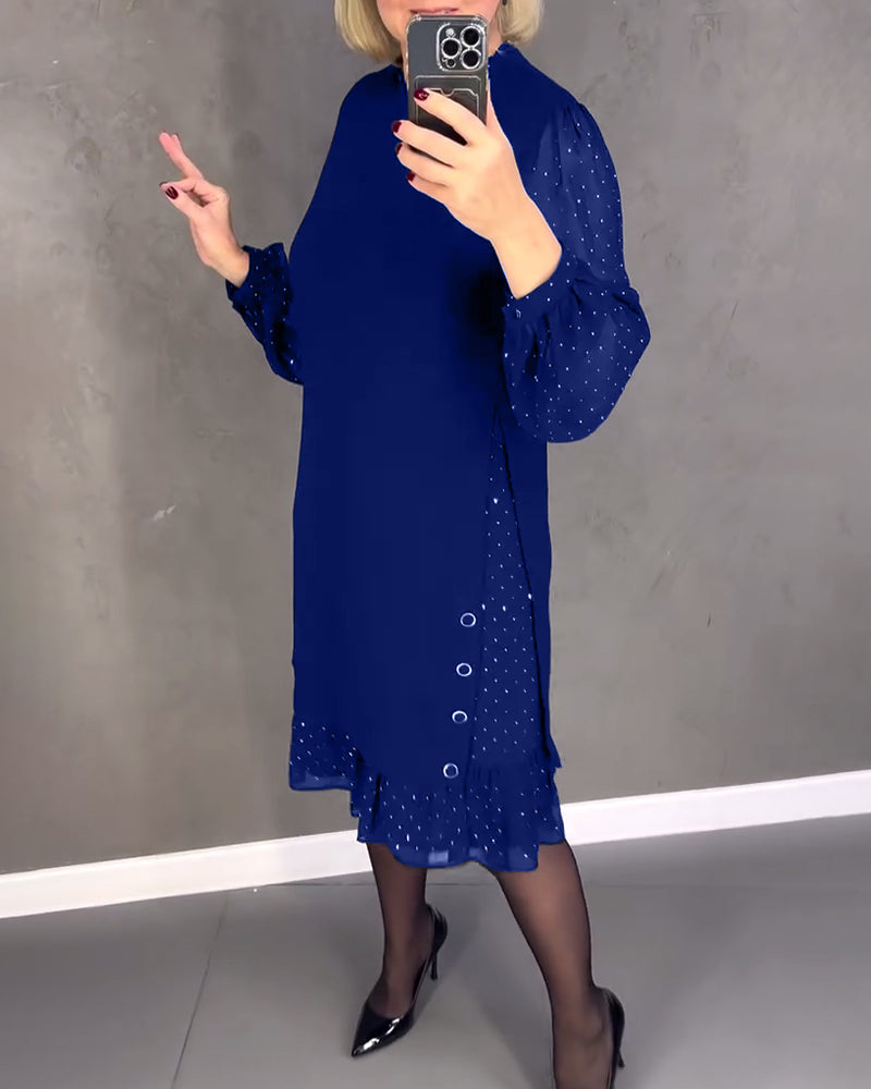Round Neck Sheer Dot Sleeve Ruffle Hem Shift Midi Dress 13