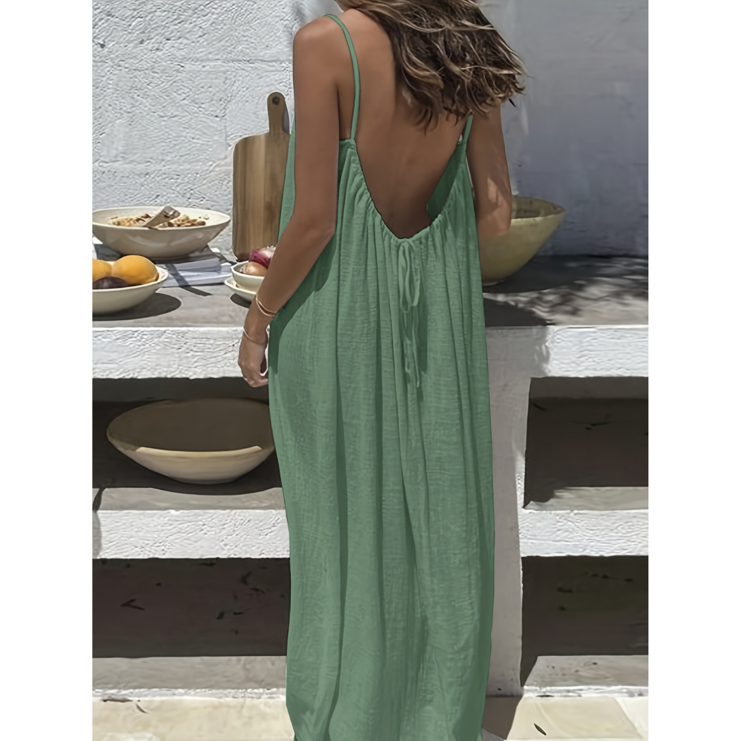 Backless Spaghetti Strap Tie Back Linen Look Maxi Dress 4