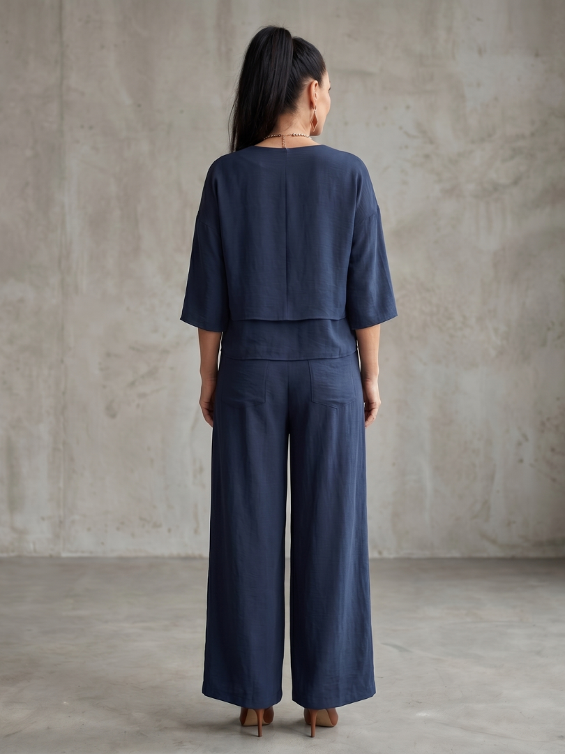 V-Neck Layered Top and Wide Leg Pants Two Piece Set 4