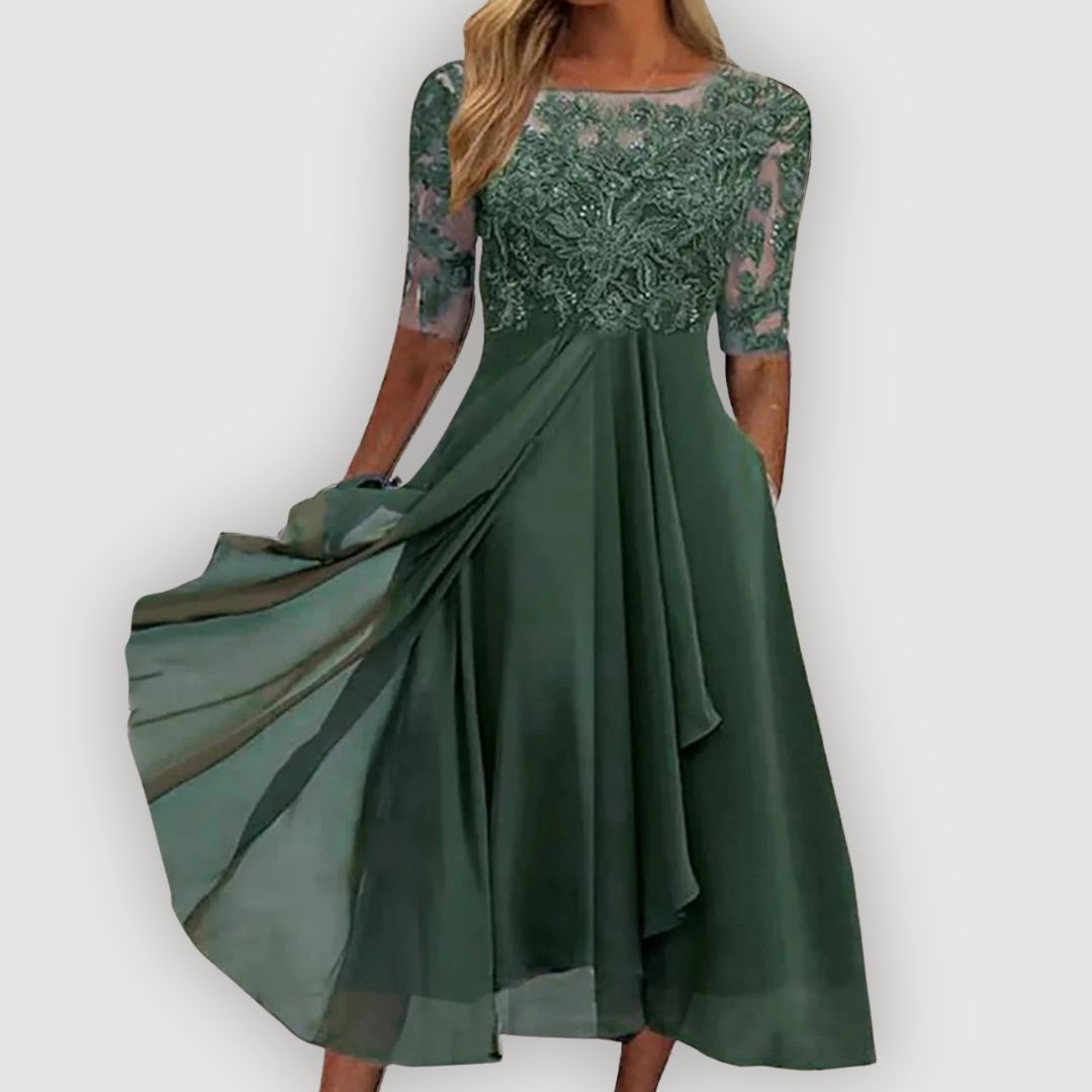 Lace Bodice Round Neck Half Sleeve Chiffon Midi Dress 4