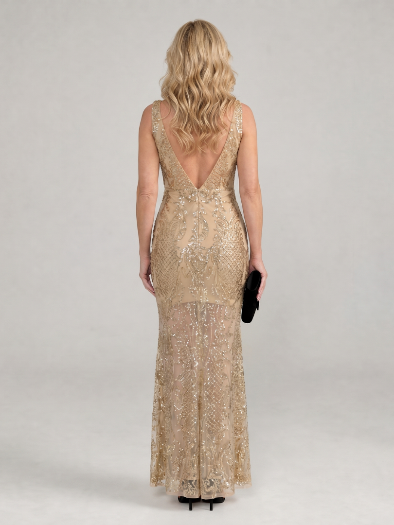 Sequin V-Neck Sleeveless Sheer Hem Maxi Gown 4