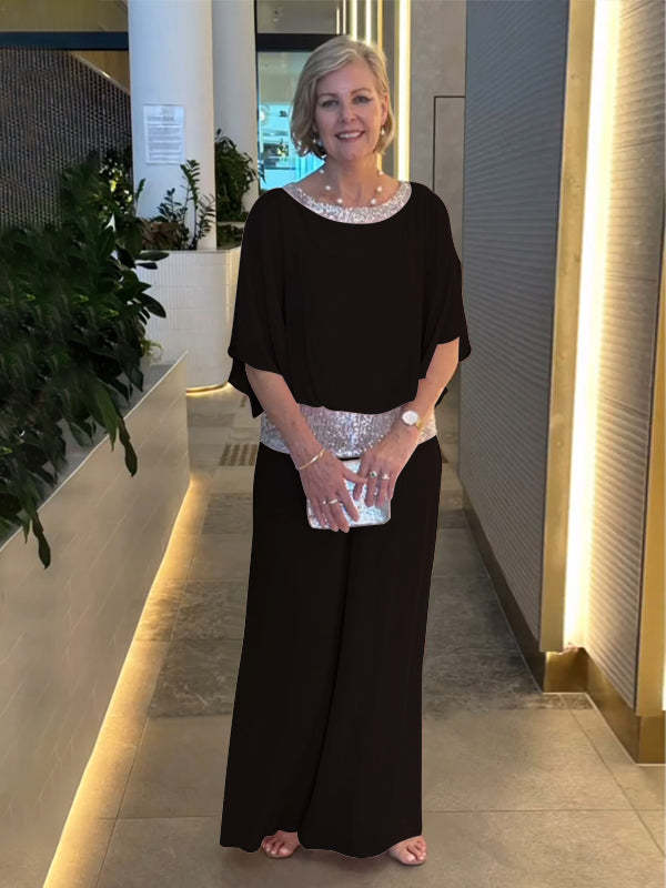 Chiffon Overlay Sequin Waist Wide Leg Two Piece Set 6