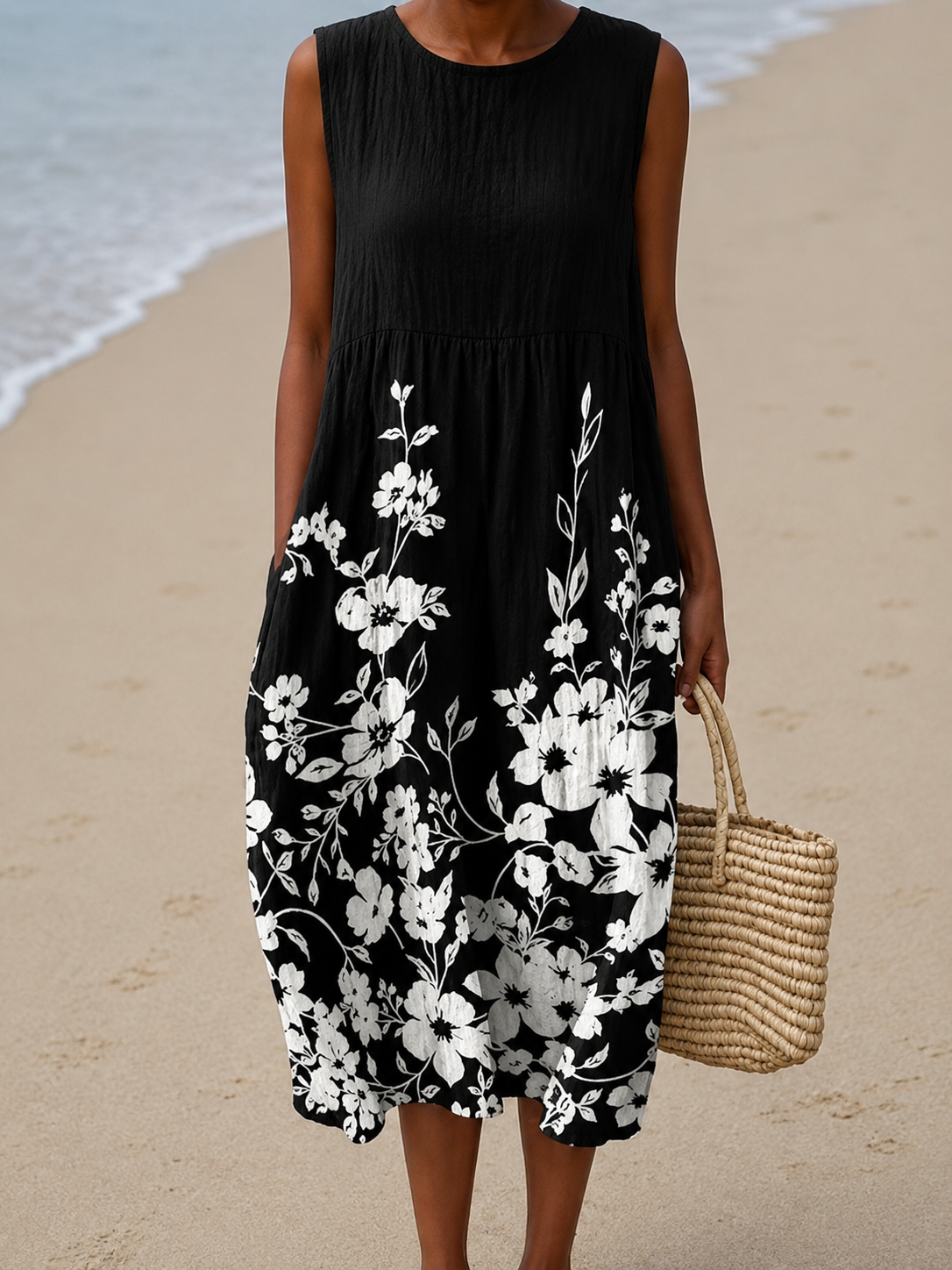 Floral Print Round Neck Sleeveless Midi Dress