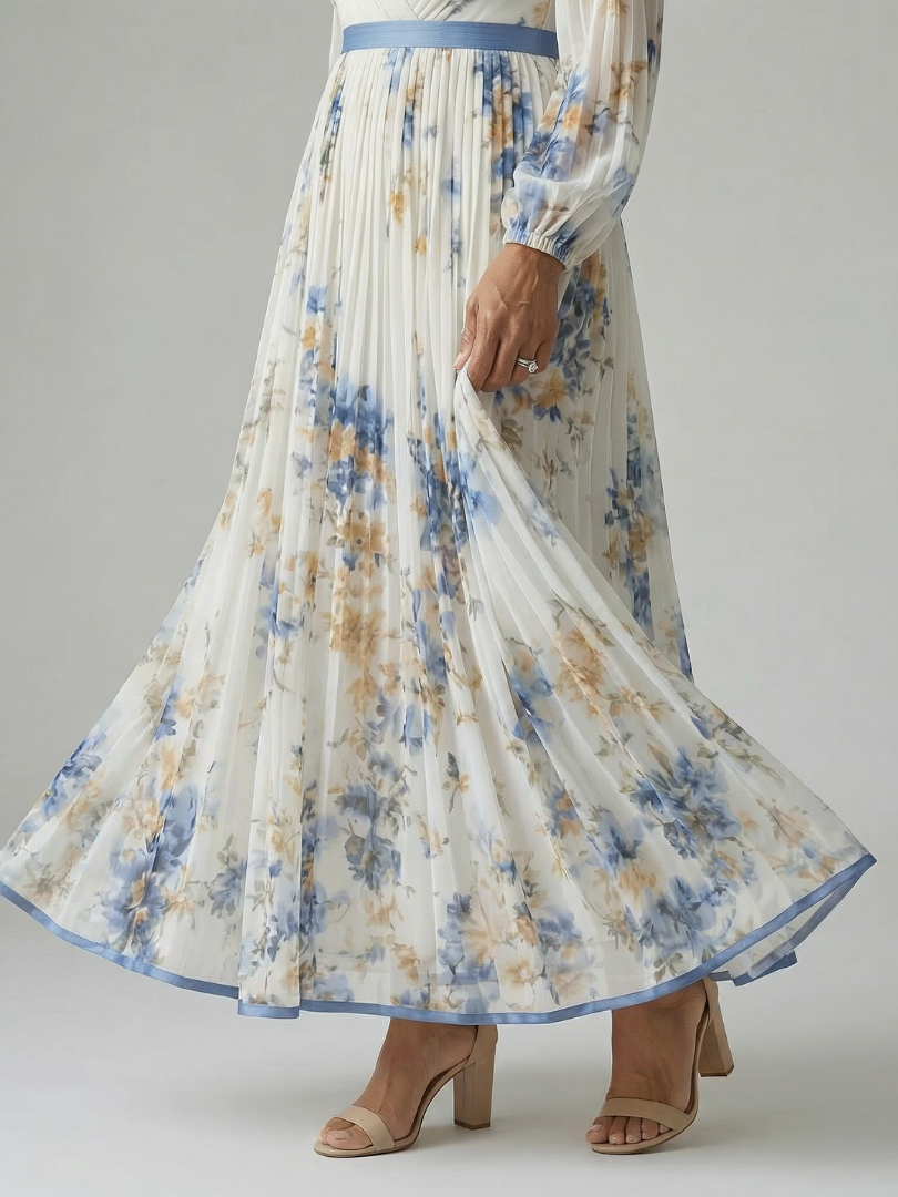 Floral V-Neck Long Sleeve Pleated Belted Maxi Dress 4