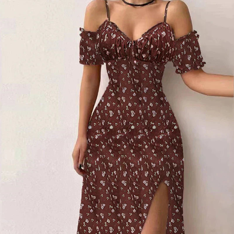 Sweetheart Ruffle Trim Cold Shoulder Midi Cocktail Dress - View 5