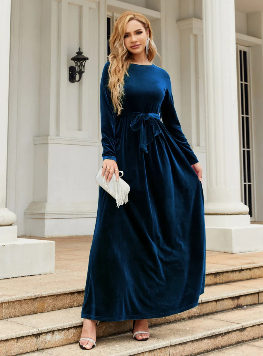 Round Neck Long Sleeve Belted Velvet Maxi Dress 4