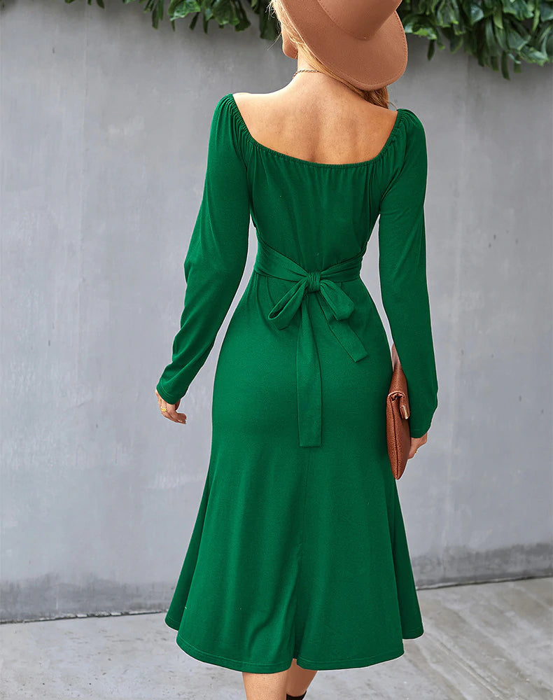 Square Neck Long Sleeve Ruched Fit and Flare Midi Dress 4