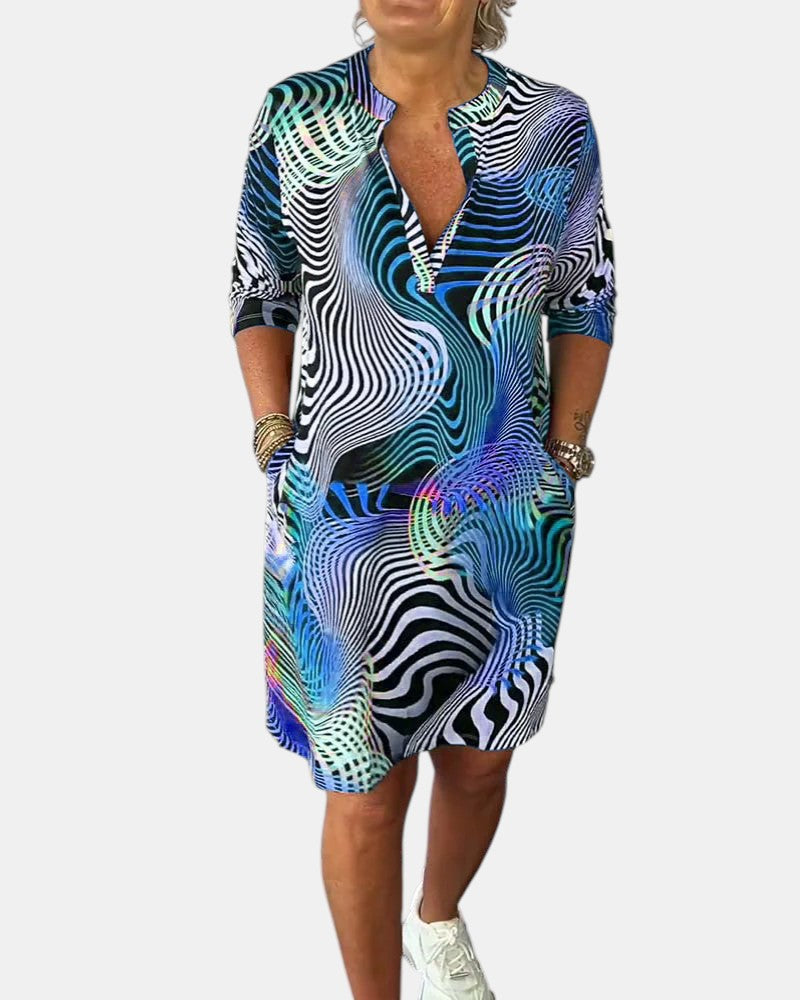 Abstract Print V-Neck Roll Sleeve Shirt Dress 3