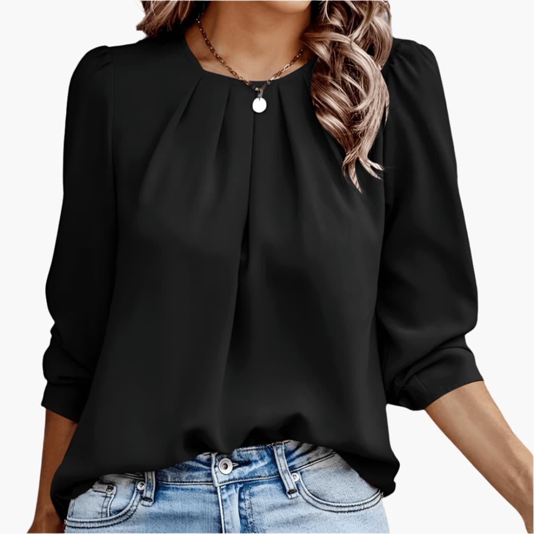 Pleated Round Neck 3/4 Sleeve Blouse 3