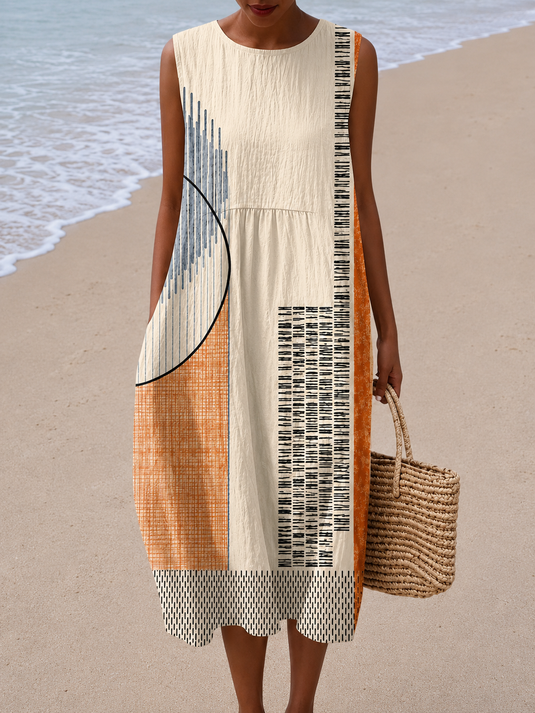 Geometric Print Sleeveless Round Neck Cocoon Midi Dress
