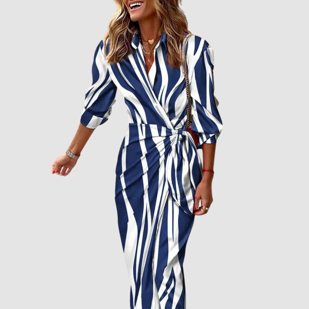 Striped Collared Long Sleeve Twist Front Shirt Dress 4