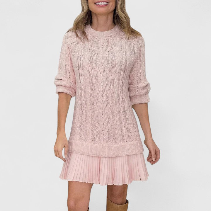 Crew Neck Long Sleeve Cable Knit Pleated Hem Sweater Dress 4