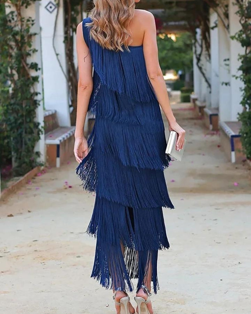 One Shoulder Tiered Fringe Maxi Dress 4