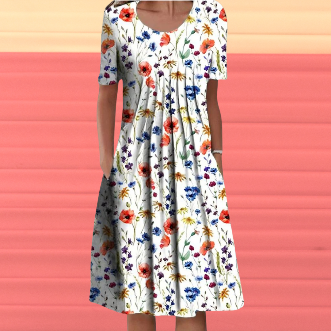 Floral Scoop Neck Short Sleeve Pleated Pocket Midi Dress - View 2