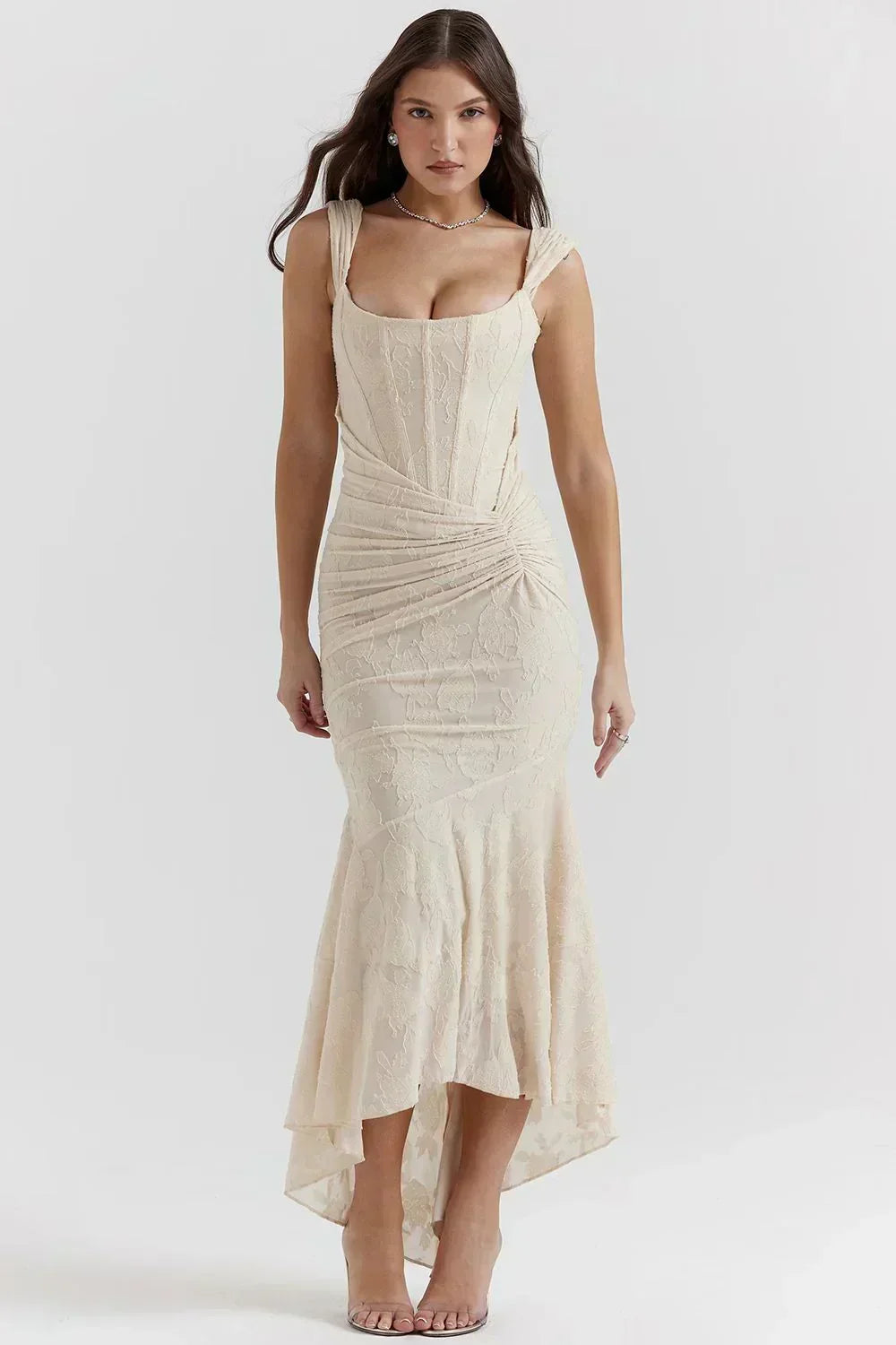 Square Neck Corset High Low Mermaid Maxi Dress 11