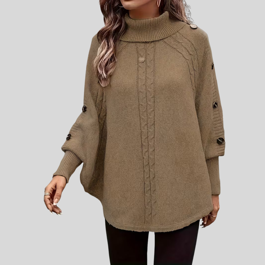 Turtleneck Cable Knit Button Trim Batwing Poncho Sweater 6