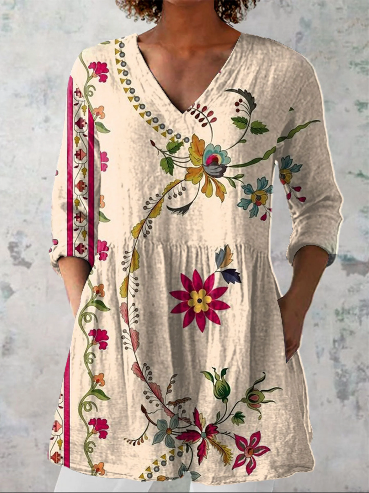 Floral Border Print V-Neck Long Sleeve Peplum Tunic Blouse