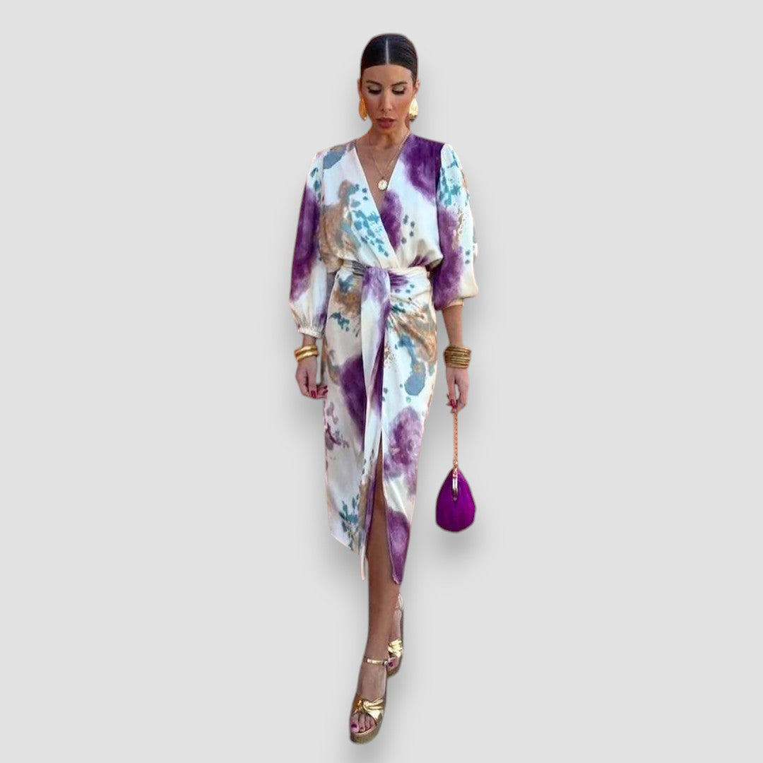 Watercolor Print Deep V-Neck Long Sleeve Wrap Midi Dress 4