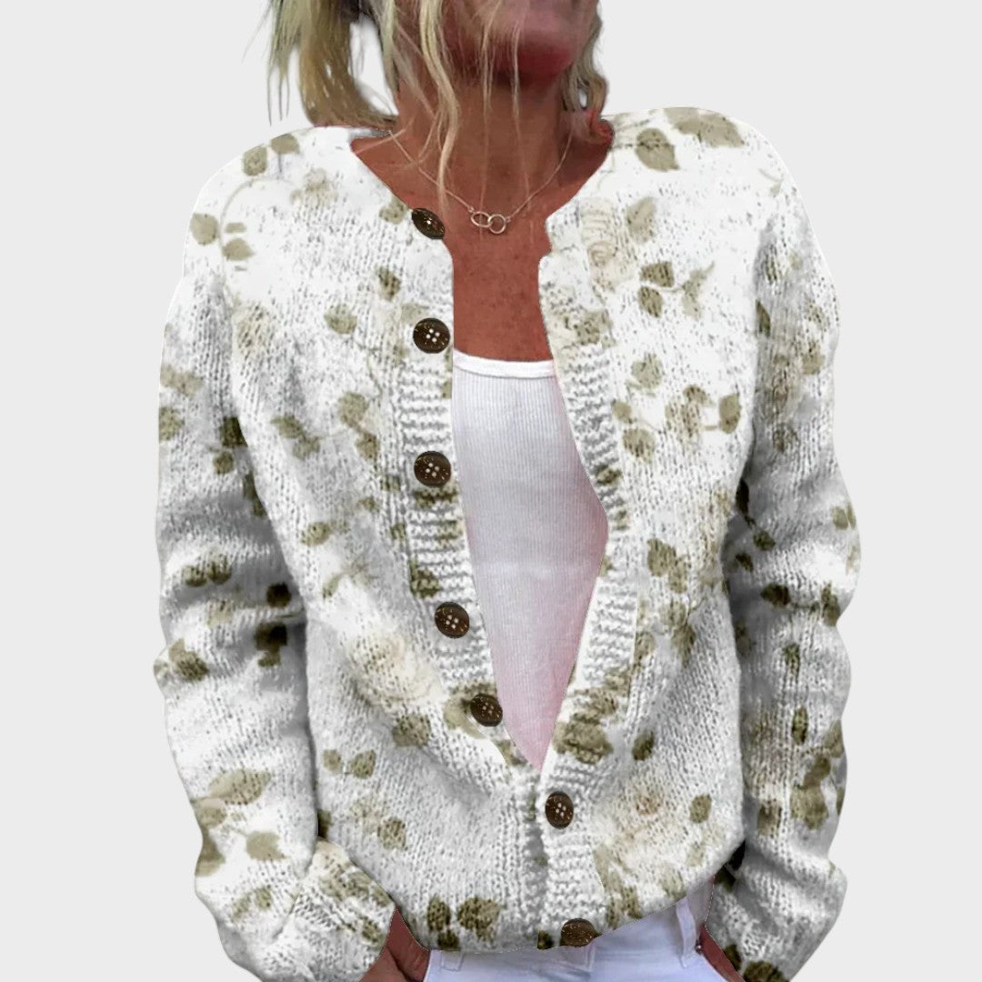 Floral Print Button Front Crew Neck Cardigan