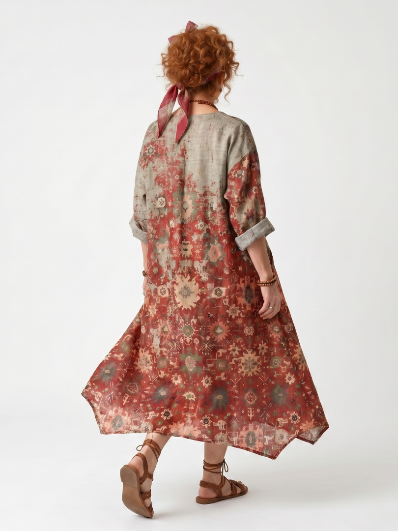 Mixed Print V-Neck Roll Sleeve Relaxed Midi Dress 4