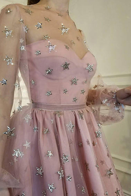 Tulle Star Print Puff Sleeve Mesh Overlay Sweetheart Mini Dress - View 4