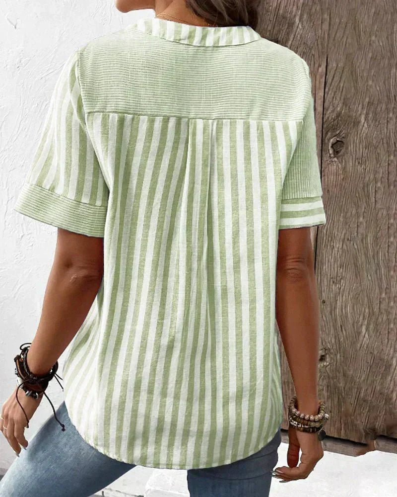Striped Colorblock Notch Neck Button Short Sleeve Blouse 5