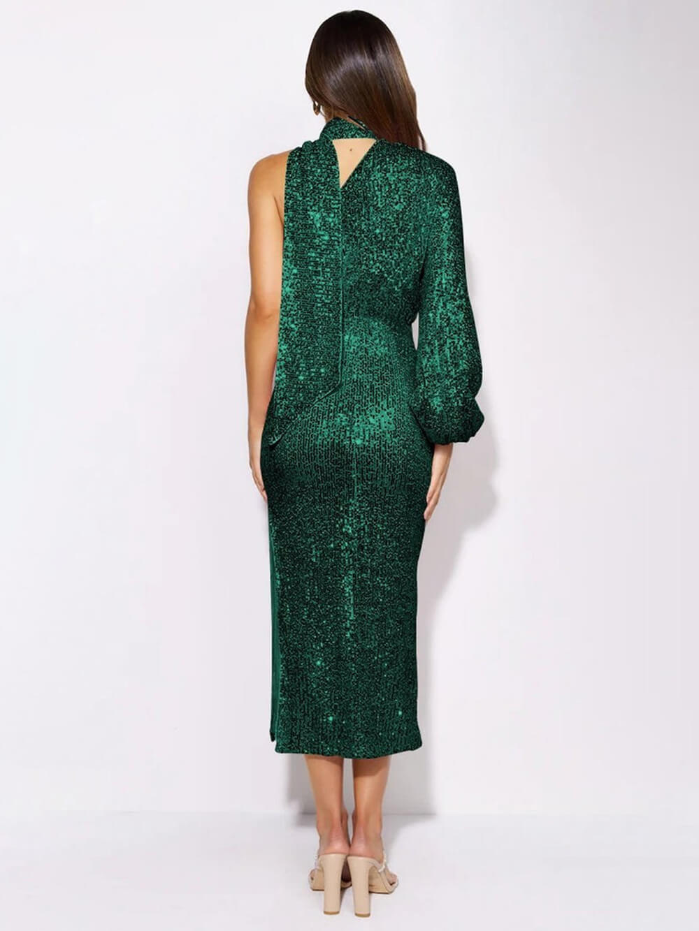 Sequin High Neck One Sleeve Slit Midi Dress - View 4