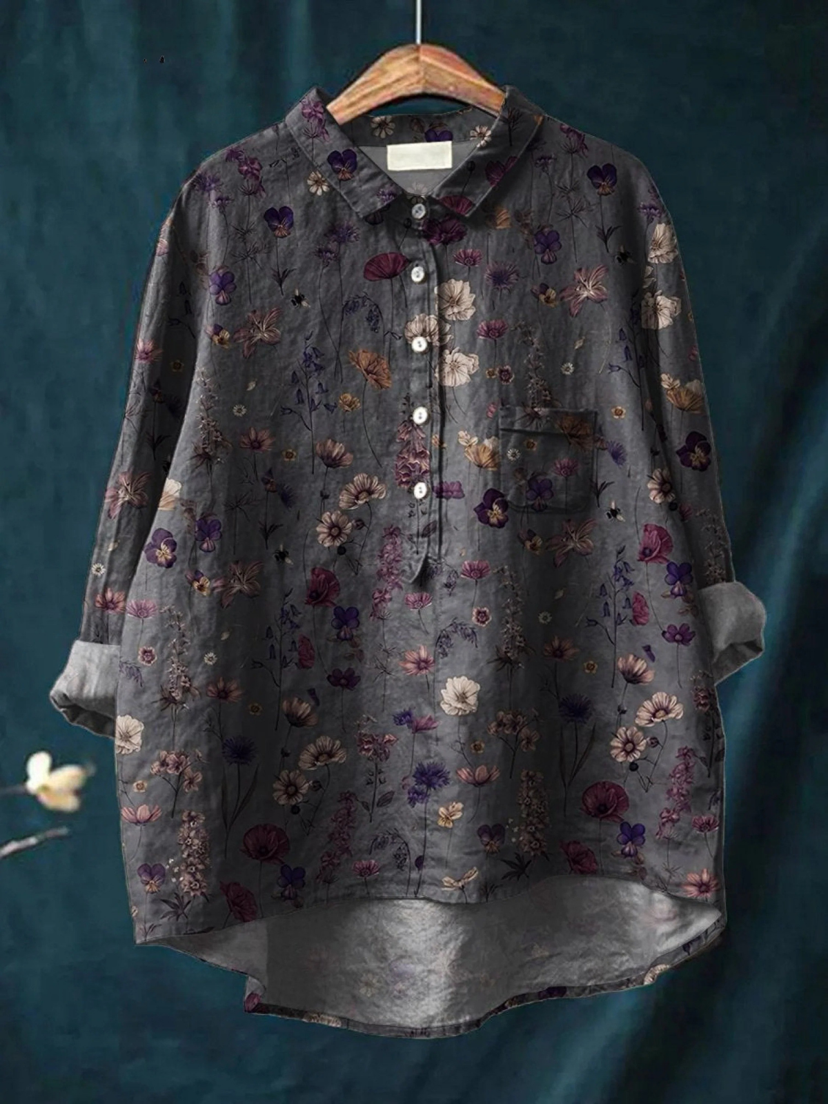 Floral Print Collared Long Sleeve Linen Look Shirt
