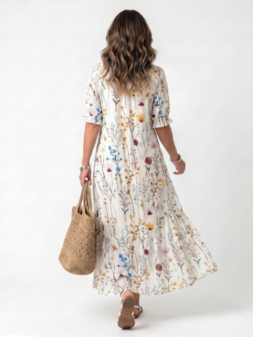 Floral Print V-Neck Puff Sleeve Tiered Maxi Dress 4
