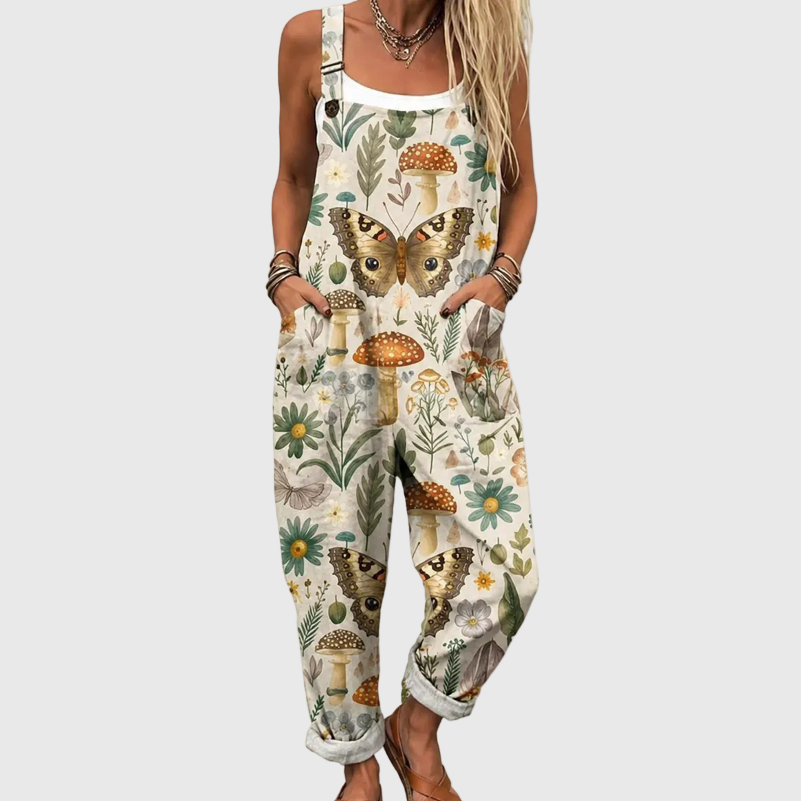 Mushroom Butterfly Print Bib Pocket Overall Jumpsuit