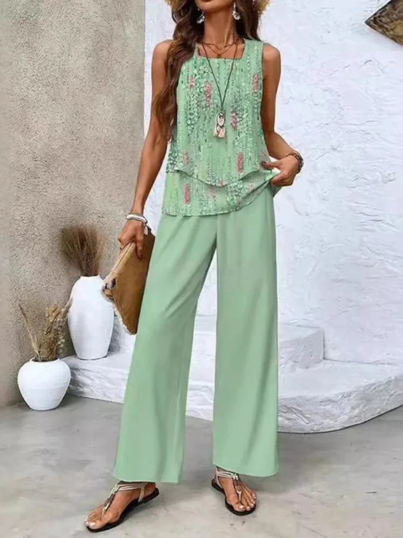 Sleeveless Layered Top and Floral Wide Leg Pants Two Piece Set 5